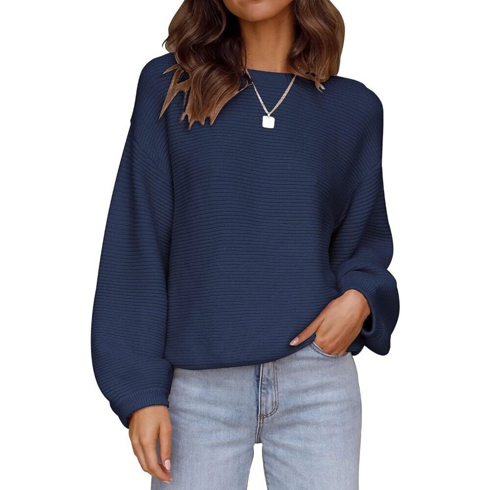 Women's Pullover Sweater Tops Navy Crew Neck Long Sleeve Casual Loose Knit